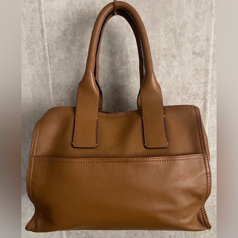 Lucky Brand Pebbled Leather Satchel Tote Bag Tan Cognac Brown Top Handle Purse
